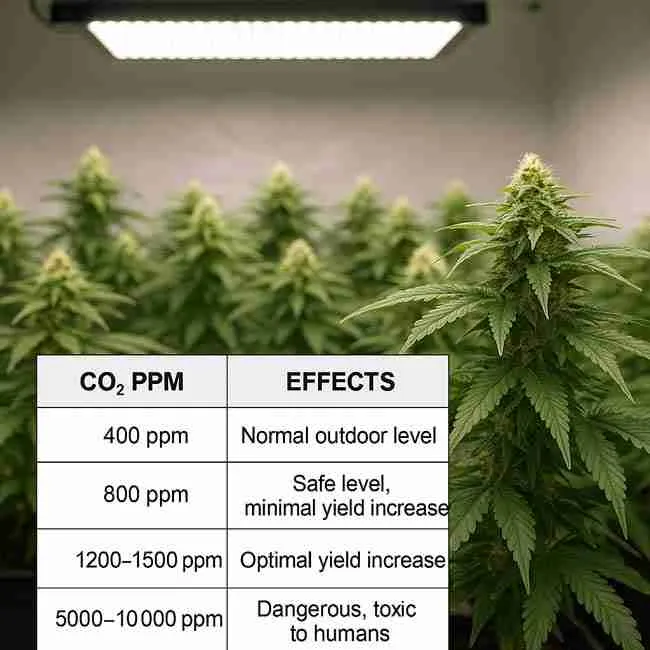Cannabis grower calculating CO₂ dosage beside tank and tent with notes showing room volume math, demonstrating how to measure and maintain ideal cannabis CO₂ ppm levels.
