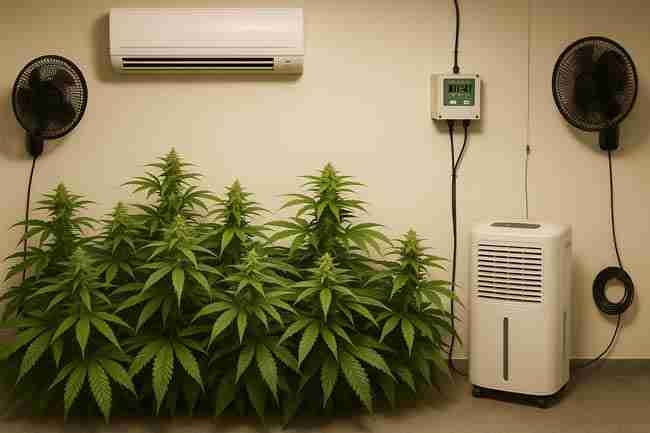 Cannabis grow room equipped with mini-split air conditioner, dehumidifier, CO₂ controller, and oscillating fans regulating temperature, humidity, and CO₂ levels for optimal cannabis growth.