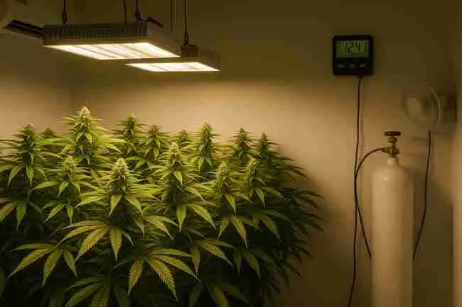 Cannabis grower adjusting digital CO₂ controller connected to a CO₂ tank beside healthy flowering plants under LED lights, showing proper setup for managing cannabis CO₂ ppm.