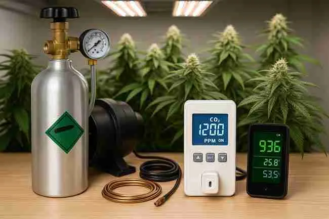 Cannabis grow room workbench with CO₂ tank, controller, duct fan, and monitors showing ppm levels, representing troubleshooting tools for common CO₂ issues in cannabis grows.