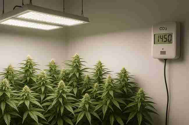 Cannabis grow room showing CO₂ monitor, regulator, dehumidifier, and LED lighting above dense flowering plants, illustrating essential equipment for CO₂ enriched cannabis environments.