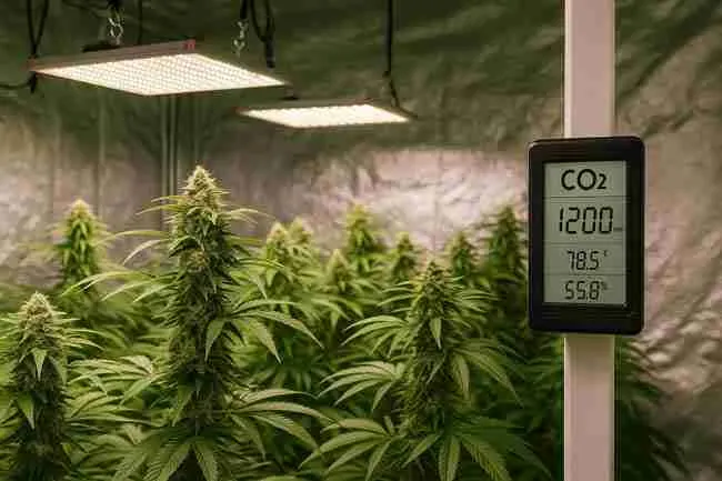 Cannabis grow room with LED lights, CO₂ monitor showing 1200 ppm, and dense flowering plants representing cost-efficiency and yield balance of CO₂-enriched cannabis cultivation.