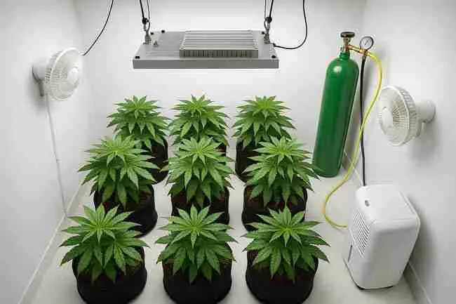 Overhead view of an organized cannabis grow room with CO₂ tank, fans, dehumidifier, and LED lights arranged around healthy plants, illustrating quick planning and equipment layout for balanced cannabis CO₂ ppm control.