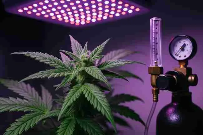 Close-up of cannabis plant under purple LED light with trichomes and CO₂ enrichment equipment beside it, showing how CO₂ drives photosynthesis and cannabis growth.