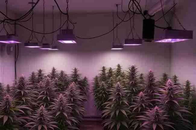 Cannabis grower inside a tent adjusting CO₂ controller and sealing vents while vibrant plants thrive under LED lights, illustrating setup and fine-tuning of a first CO₂-enriched cannabis grow.