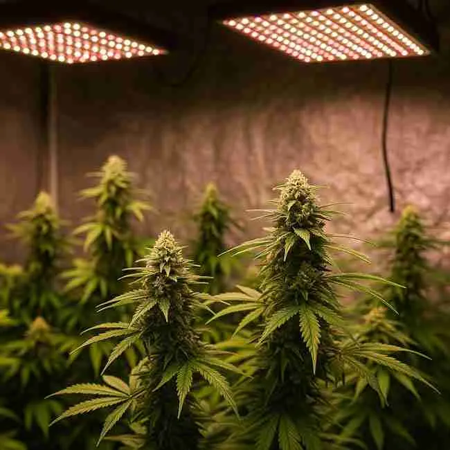 Cannabis grow room with a clipboard checklist beside healthy plants under LED lights, showing CO₂ tank, fans, and sensors, representing essential setup steps for a safe and efficient CO₂-enriched cannabis grow.