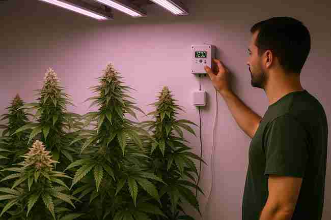 Cannabis grower adjusting a CO₂ controller reading 1200 ppm beside lush flowering plants under LED lights, symbolizing practical CO₂ management and optimization for home cannabis grows.