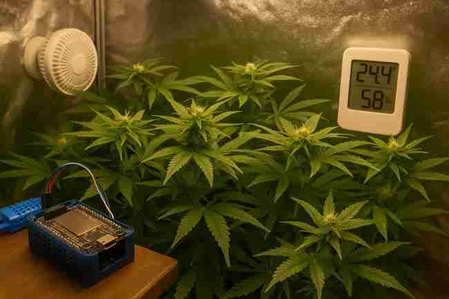 Horizontal image showing a cannabis grow tent with healthy plants, an ESP32 sensor module on a table, a wall-mounted fan, and a digital thermometer displaying temperature and humidity.
