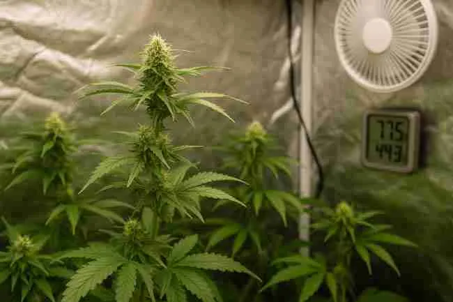Horizontal image of an indoor cannabis plant in a reflective grow tent with a wall-mounted fan and digital hygrometer showing temperature and humidity, illustrating controlled environmental monitoring.