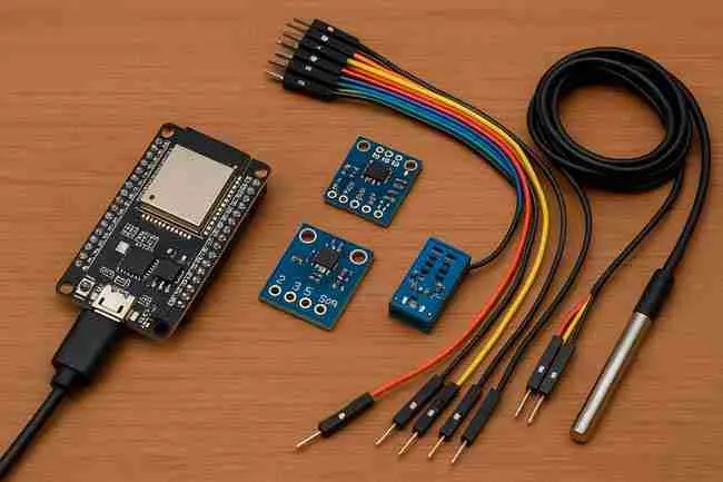 Horizontal image showing a set of DIY grow room electronics including an ESP32 board, multiple sensor modules, jumper wires, and a waterproof temperature probe arranged neatly on a wooden surface for cannabis telemetry builds.