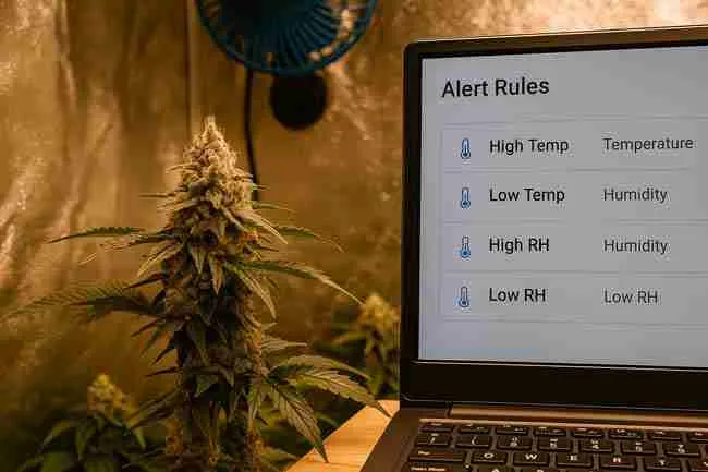 Horizontal image showing a large flowering cannabis plant beside a laptop screen displaying alert rules for high and low temperature and humidity inside a reflective grow tent.