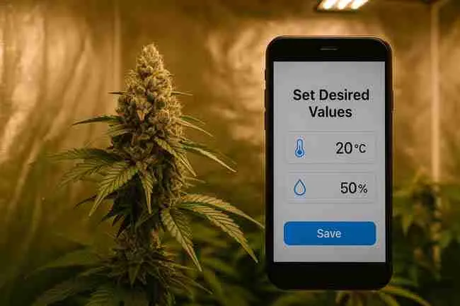 Horizontal image of a flowering cannabis plant next to a smartphone screen displaying adjustable temperature and humidity targets for managing grow room alert profiles.