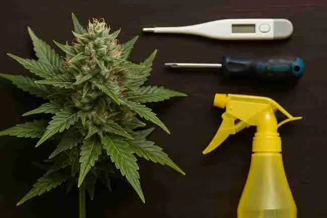 Horizontal image showing a mature cannabis plant beside maintenance tools including a digital thermometer, screwdriver, and yellow spray bottle arranged on a dark wooden surface for grow room upkeep.