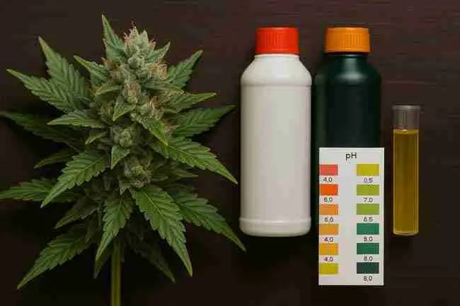 Horizontal image of a flowering cannabis plant next to nutrient bottles and a pH test kit on a dark wooden background, illustrating common grow room mistakes such as pH issues and improper feeding.