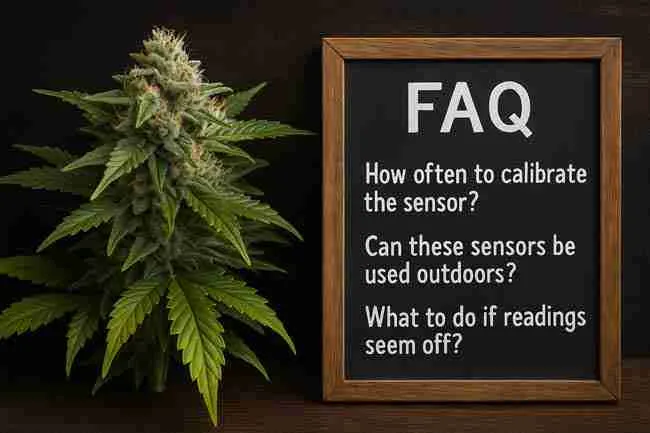 Horizontal image of a mature cannabis plant beside a framed chalkboard listing frequently asked questions about grow room sensors, displayed on a dark wooden background.