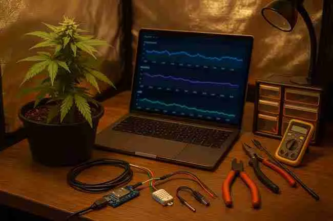 Horizontal image of a cannabis grow-room workstation showing a potted cannabis plant, a laptop displaying environmental graphs, DIY sensor components, and tools arranged on a wooden bench inside a reflective grow tent.