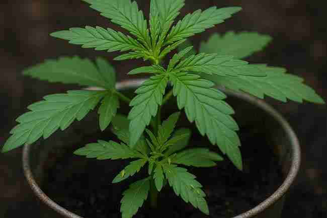 Young cannabis plant growing in a soil-filled container with visible small flying pests on leaves, illustrating early-stage pest presence linked to thrips and fungus gnats.