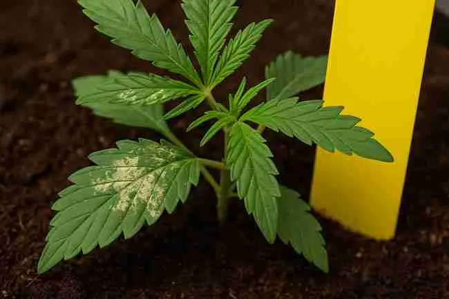 Cannabis seedling with visible thrips feeding damage on leaves and a yellow sticky trap placed in moist soil to monitor active thrips and fungus gnats.