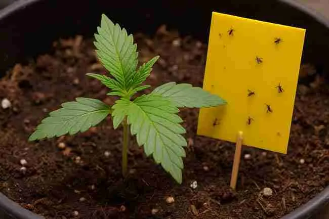 Young cannabis seedling in a soil-filled pot with a yellow sticky trap placed at soil level capturing adult fungus gnats for early pest monitoring.