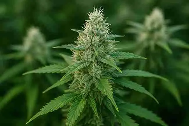 Close-up of a healthy flowering cannabis cola covered in trichomes, showing strong plant recovery after effective thrips cannabis control and pest management.