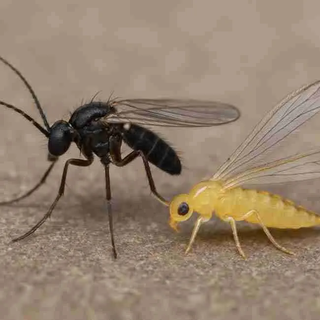 Extreme close-up of an adult fungus gnat and an adult thrip placed side by side, showing wing shape, body length, and color differences.