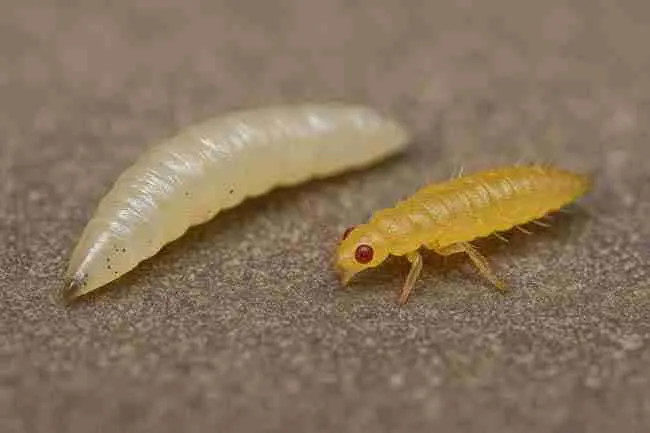 Close-up of fungus gnat larva and thrips larva without wings resting on a cannabis leaf, showing early life stages that cause hidden plant damage.