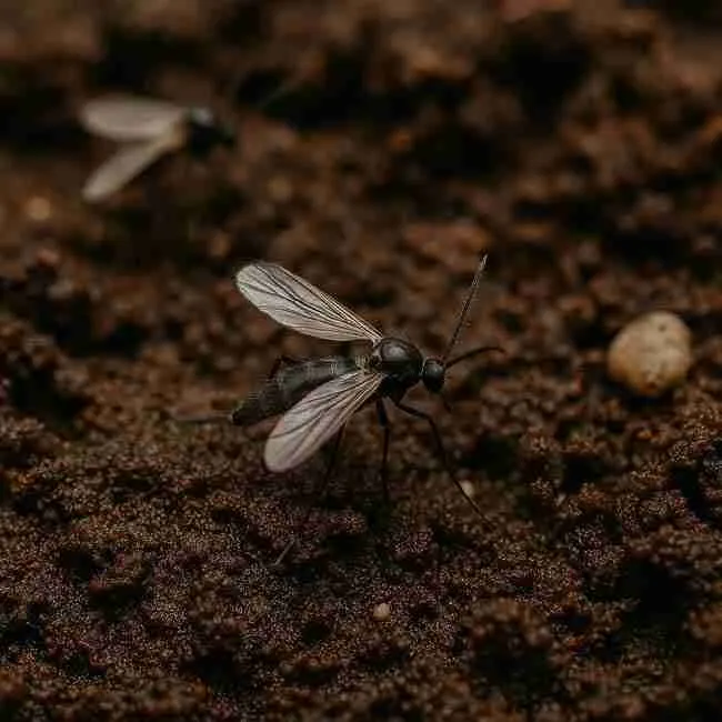 Adult fungus gnats resting on damp cannabis potting soil, showing long legs, slender bodies, and transparent wings commonly found in overwatered grow media.