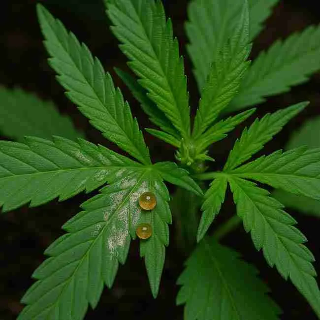 Close-up of a cannabis leaf showing silvery thrips feeding scars and sticky amber droplets left behind from pest activity on damaged leaf tissue.