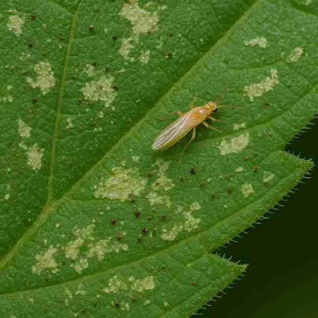 Close-up of an adult thrip feeding on a cannabis leaf, showing silvery feeding scars and black speckling caused by ongoing thrips damage.