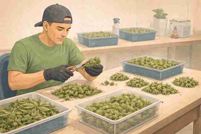Horizontal illustration of a cannabis trimmer working at an organized trim table with small, sorted piles of buds, gently supporting a bud while trimming with clean scissors and placing finished flowers into separate bins to maintain speed and consistency without damaging trichomes.