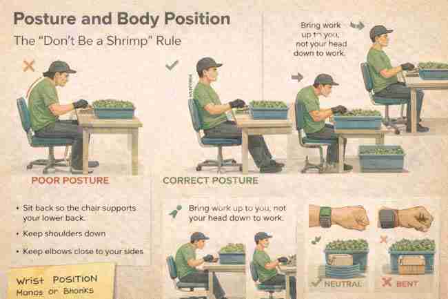 Horizontal illustration of a well-organized cannabis trim room with multiple trimmers working comfortably at tables under a motivational banner, showing efficient teamwork, good ergonomics, and improved morale during trimming sessions.
