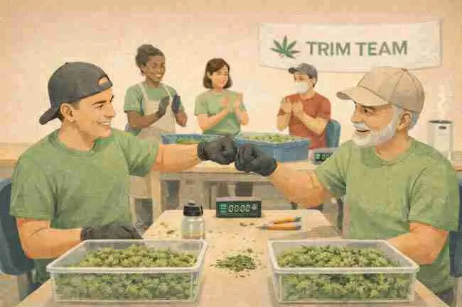 Horizontal illustration of a cannabis trimmer using a light grip to trim buds at an organized workstation with small staged piles and separate bins, demonstrating efficient cannabis trim tips without damaging flowers.