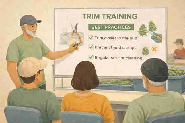 Horizontal illustration of a cannabis trim room training session where an experienced instructor teaches best practices at a whiteboard while new trimmers listen, highlighting standardized cannabis trim tips and proper trimming techniques.