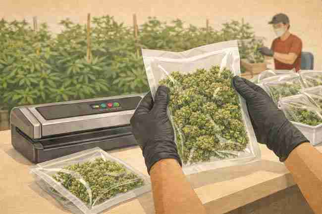 Horizontal illustration of a cannabis trimmer sealing freshly trimmed buds into vacuum-sealed bags at a clean workstation, highlighting proper handling and packaging after trimming to protect bud quality.