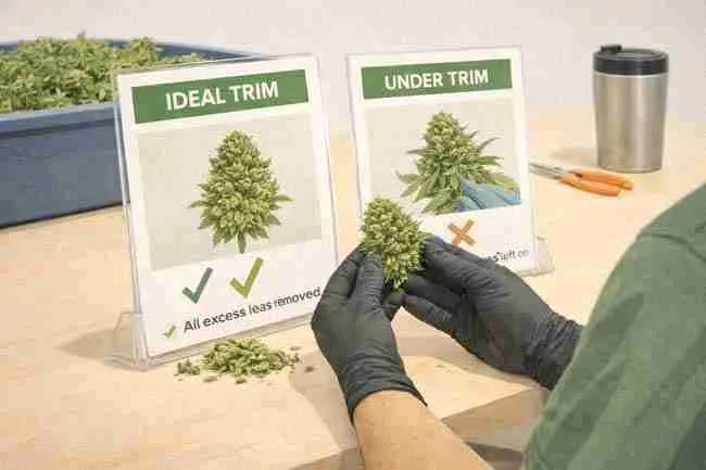 Horizontal illustration of a cannabis grower reviewing trimming techniques on a laptop and printed guidebook, showing step-by-step cannabis trim tips alongside a nearby trim station for learning proper bud trimming methods.