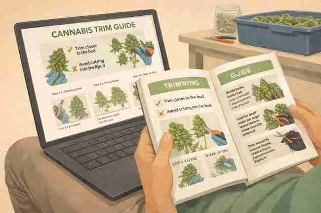 Horizontal illustration of a cannabis grower reviewing trimming techniques on a laptop and printed guidebook, showing step-by-step cannabis trim tips alongside a nearby trim station for learning proper bud trimming methods.