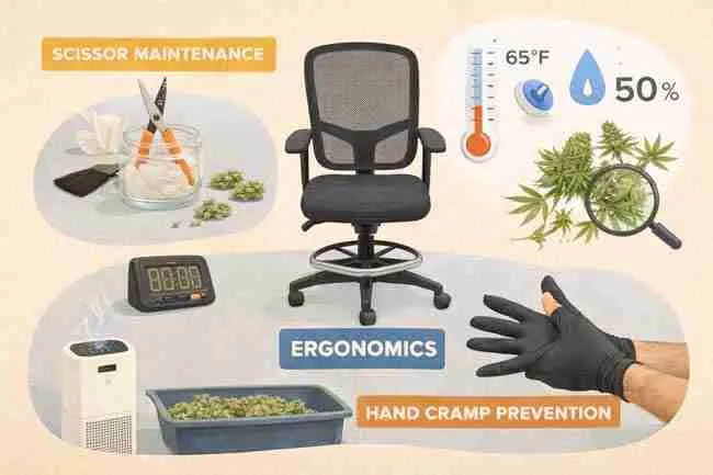 Horizontal illustration showing essential cannabis trim room tools including an ergonomic chair, trimming scissors, humidity and temperature indicators, gloves, timer, and bins, representing a complete ergonomic checklist for efficient trimming.