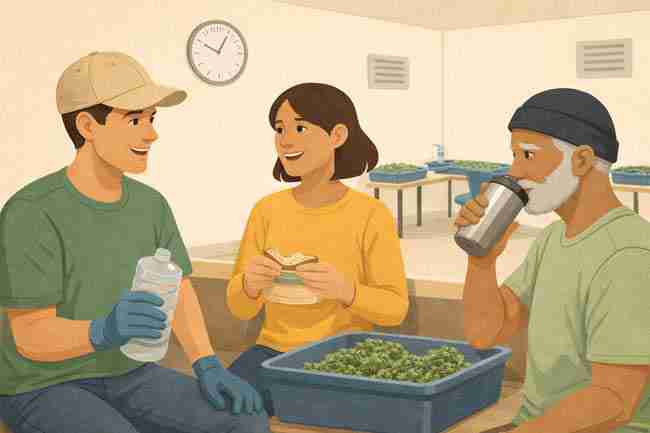 Horizontal illustration of cannabis trimmers taking a relaxed break in a trim room, drinking water and eating food together to highlight improved morale, reduced fatigue, and happier work conditions from good ergonomics.