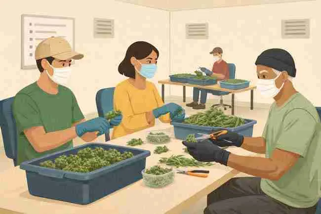 Horizontal illustration of multiple cannabis trimmers working efficiently at shared trim tables, using organized bins and consistent hand movements to demonstrate faster trimming techniques without damaging buds.