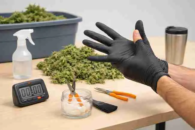 Horizontal close-up photo of a cannabis trimmer wearing gloves and stretching fingers during a break at a trim table, with scissors, timer, and trimmed buds visible to demonstrate hand cramp prevention practices.