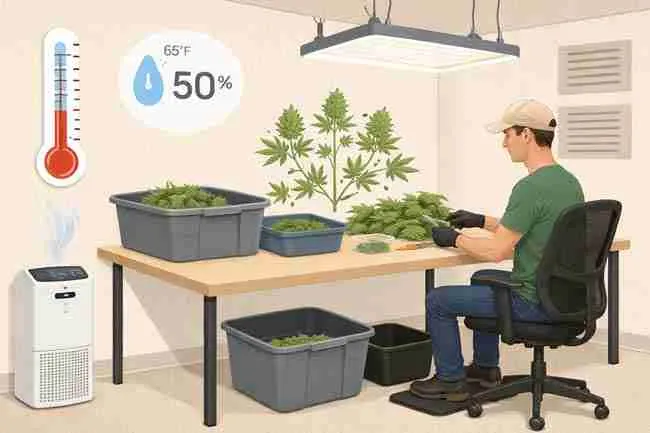 Horizontal illustration of a cannabis trim room with controlled temperature and humidity, bright overhead lighting, a seated trimmer working comfortably at a clean table, and environmental equipment maintaining ideal conditions for efficient and clean cannabis trimming.