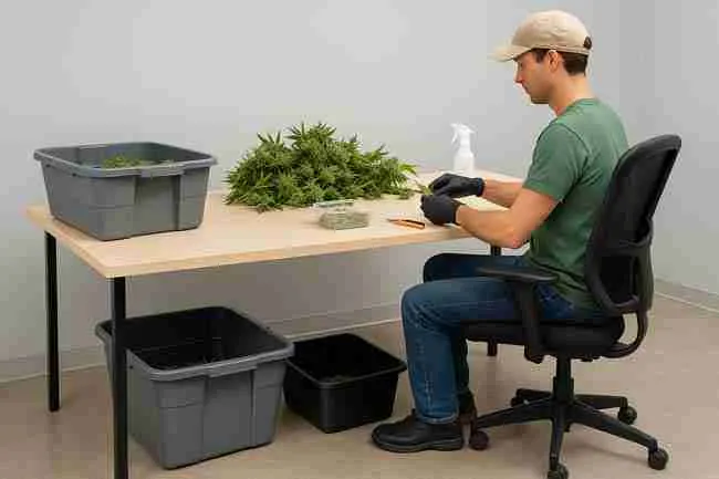 Horizontal photo of an ergonomic cannabis trim setup with a seated trimmer using sharp scissors at a properly sized table, feet flat on the floor, bins placed within easy reach, and a clean, organized workstation designed to reduce strain and improve trimming efficiency.