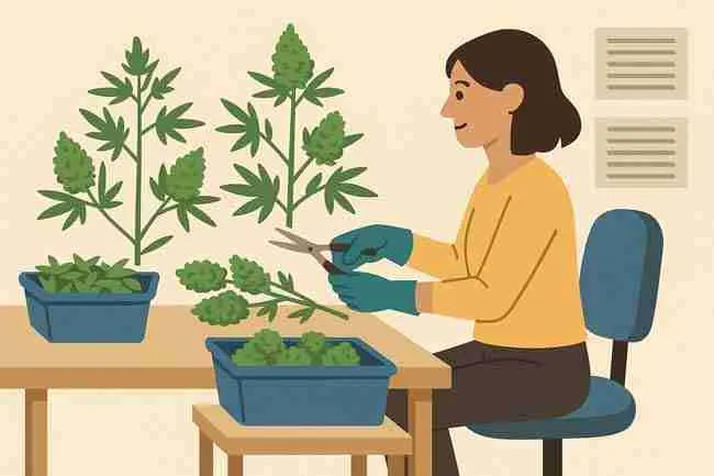 Horizontal scene showing an ergonomic cannabis trim setup with an adjustable chair, proper table height, footrest support, and a relaxed trimmer posture designed to reduce strain and improve trimming speed.