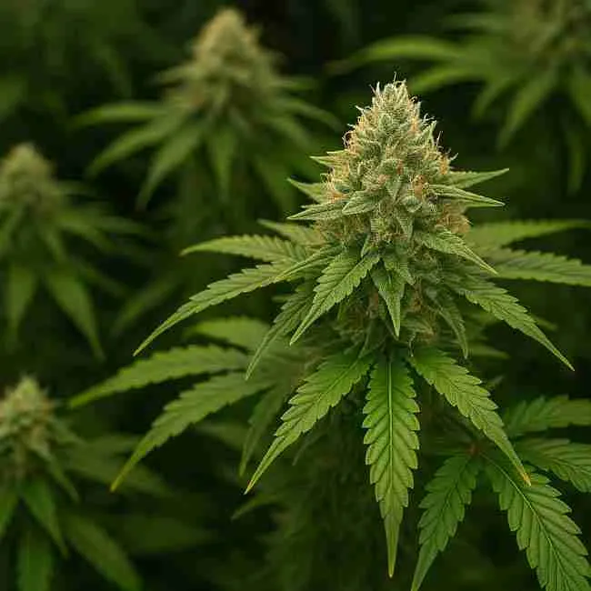 Close-up of a frosty cannabis cola with lush green leaves, representing the evaluation of plant traits during cannabis stress testing.