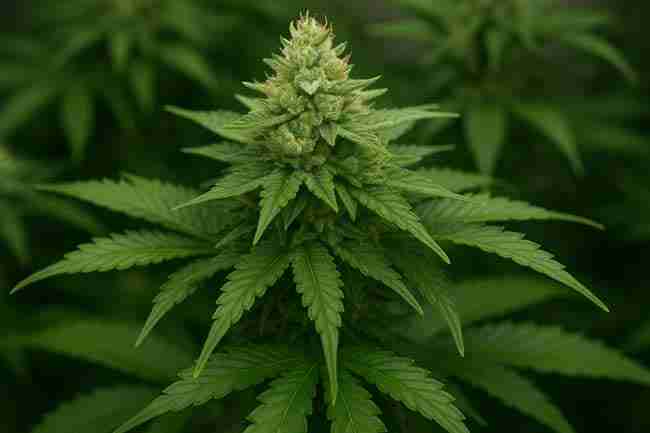 Close-up of a healthy cannabis cola surrounded by lush green leaves, representing a baseline control plant before cannabis stress testing begins.