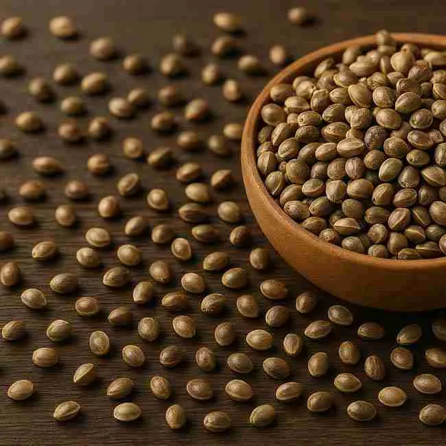 Hemp and cannabis seeds scattered across a wooden surface, symbolizing genetic variability before applying cannabis stress testing methods.