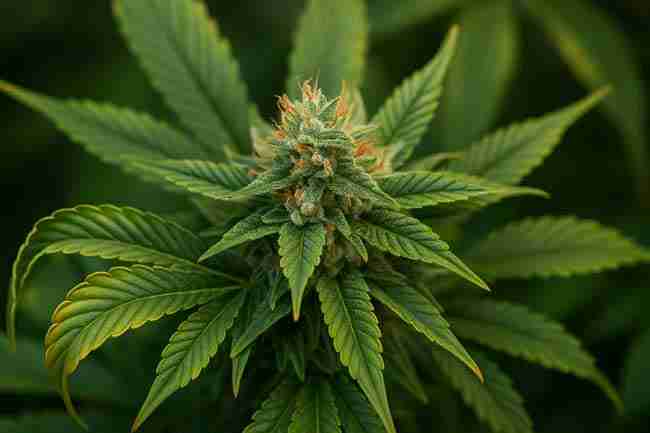 Cannabis cola with mild heat stress showing slight leaf tacoing and trichome-rich buds, representing heat stress testing during cannabis stress testing.