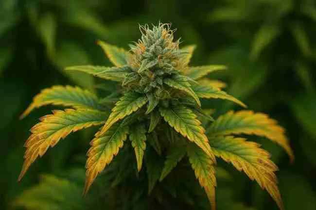 Cannabis plant displaying early drought stress with yellowing leaf edges and a frosty central bud, illustrating drought response during cannabis stress testing.