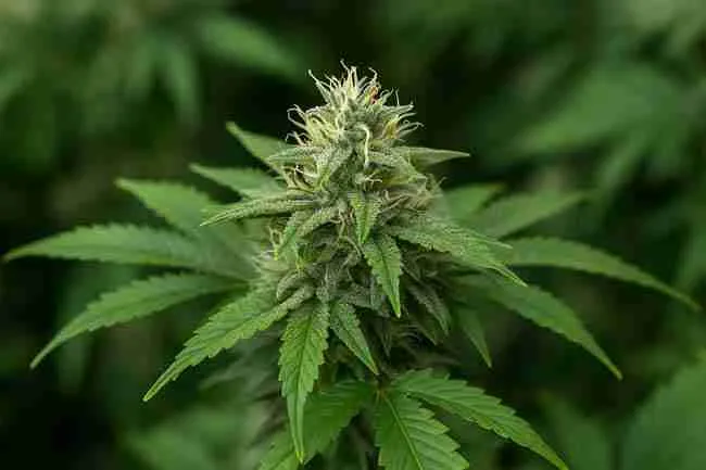 Cannabis cola with mild heat stress showing slight leaf tacoing and trichome-rich buds, representing heat stress testing during cannabis stress testing.