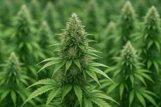 Outdoor cannabis plants swaying closely together in a dense garden, illustrating natural wind and movement used during cannabis stress testing for branch strength.